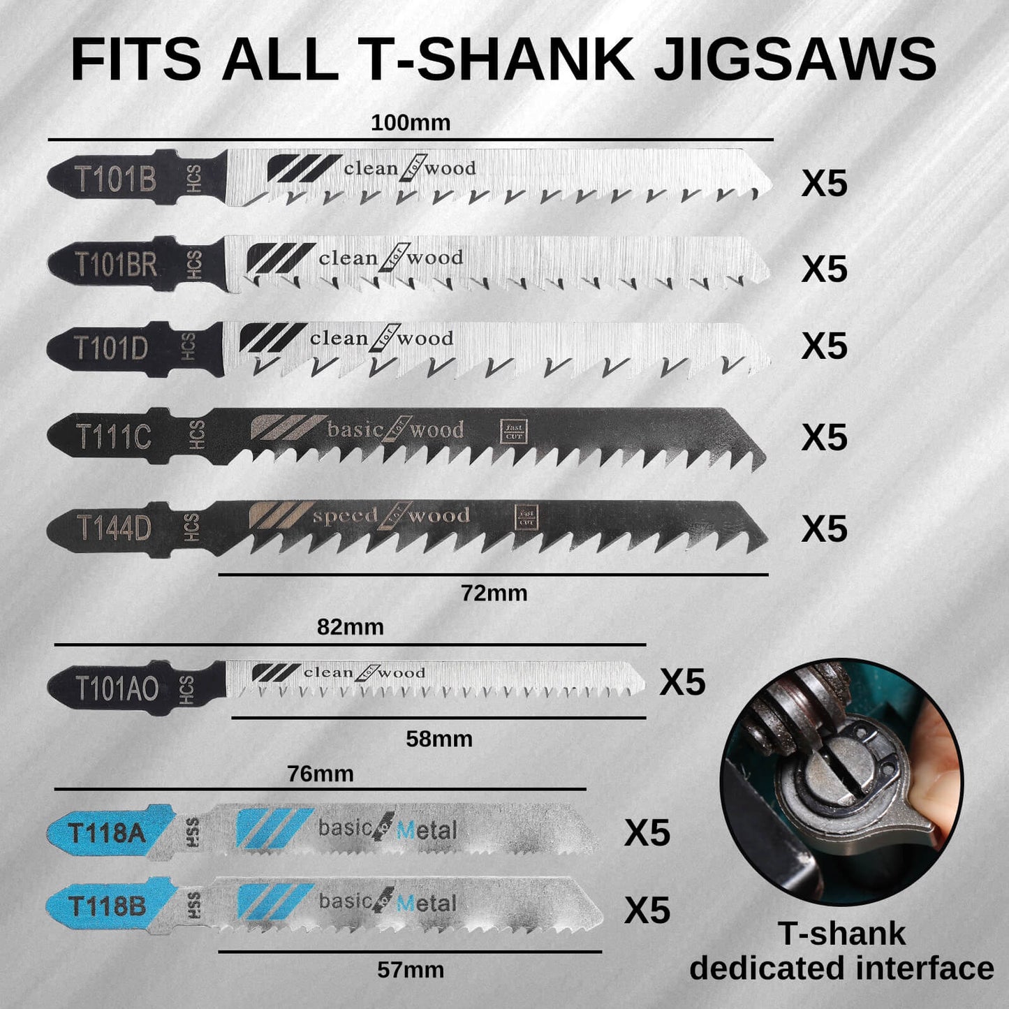 WOODSTARTER 40-Piece T-Shank Jigsaw Blade Set with Storage Case, HCS/HSS, for Wood, Plastic & Metal Cutting